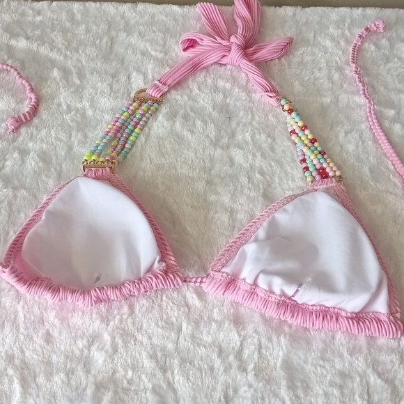 Romantic Casual Holiday Solid Color Textured Fabric Decorated Bikini Top Only S - Picture 9 of 10